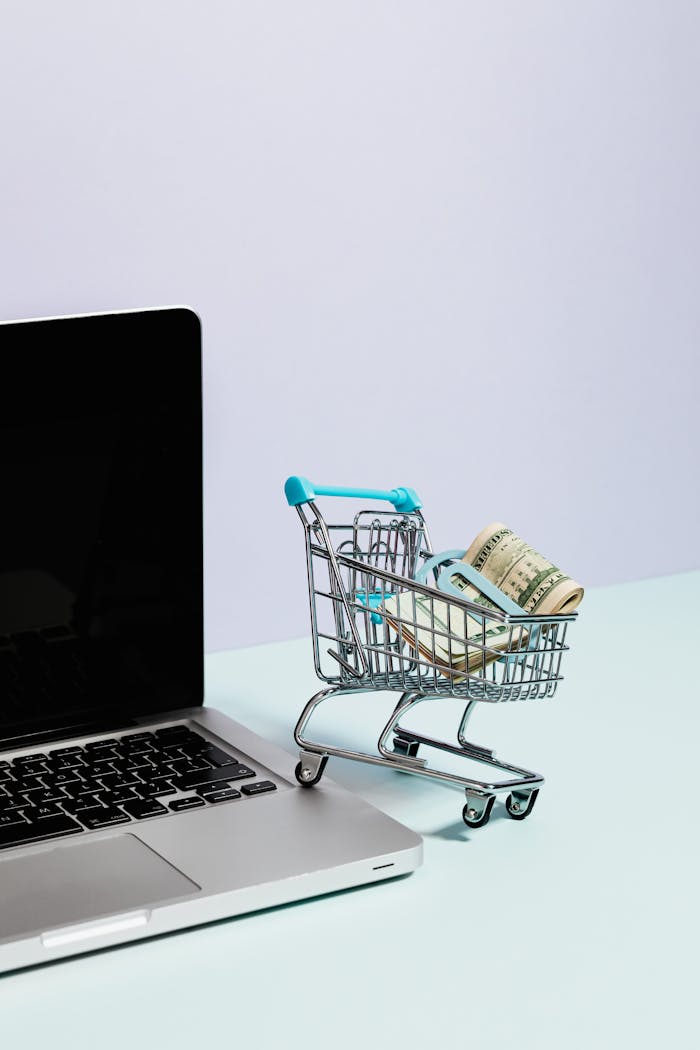 Mini shopping cart with rolled cash next to a laptop, representing online shopping.